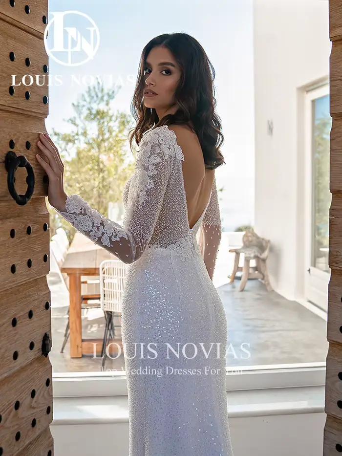 LOUIS NOVIAS robes De mariée sirène col en v Appliques scintillant paillettes semi-transparent robe
