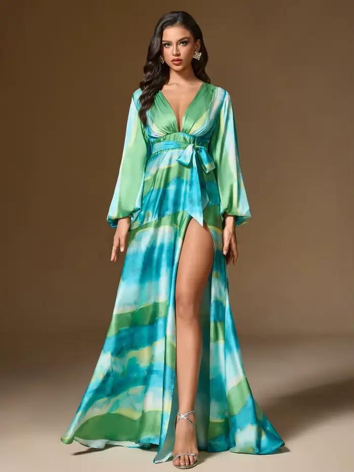 Robe longue élégante vert-bleu dégradé