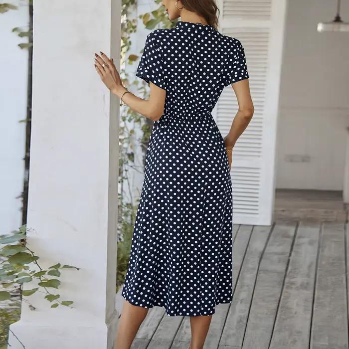 Robe mi-longue rétro élégante à pois pour femmes