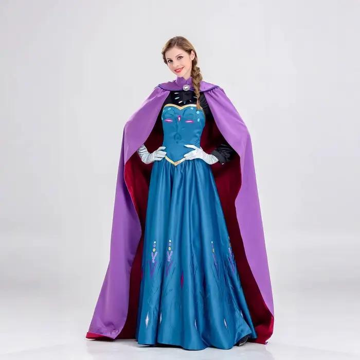 Frozen Anna Princess Long Dress with Clocak Adults Snow Queen Elsa Cosplay Costume Party Dresses for Women Halloween