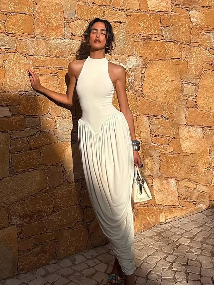 Robe longue élégante froncée Kliou pour femme, tendance estivale, col rond, épaules dénudées, dos nu, taille haute, robe décontractée quotidienne, mode Vestidos