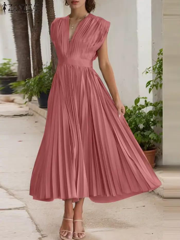 ZANZEA Femme élégante plissée a-ligne robes longues mode col en v sans manches taille haute fête