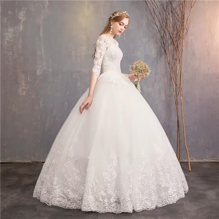 Robe de Mariée de Luxe en Dentelle Brodée à Demi-Manches