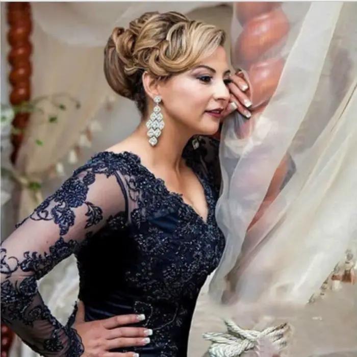 Robe sirène en dentelle bleu marine pour mère de la mariée
