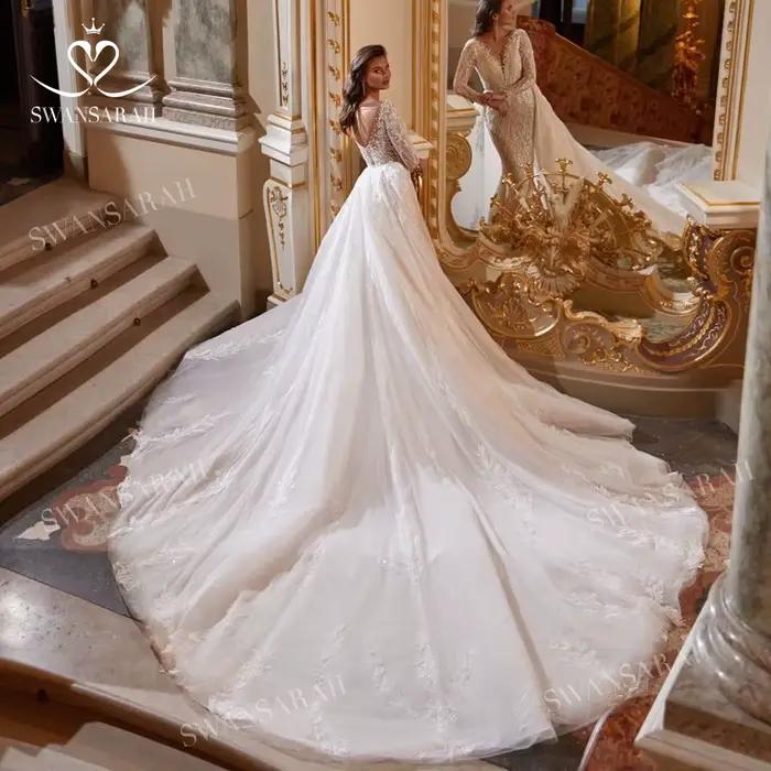 Robe de mariée sirène brillante à manches longues avec poignées amovibles