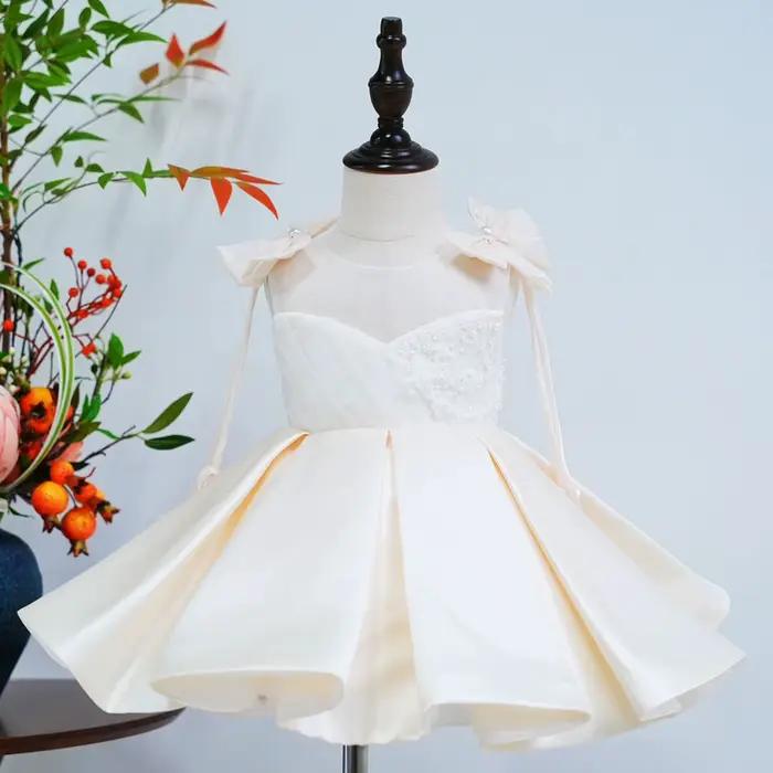 Jill Wish J582 Eleagnt Champagne robe de fille de fleur perles avec nœud princesse enfants mariage 1er anniversaire