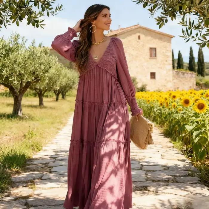 Robe longue femme vintage col en V manches longues ample Y2K taille haute froncée décontractée été 2026 élégante légèrement extensible