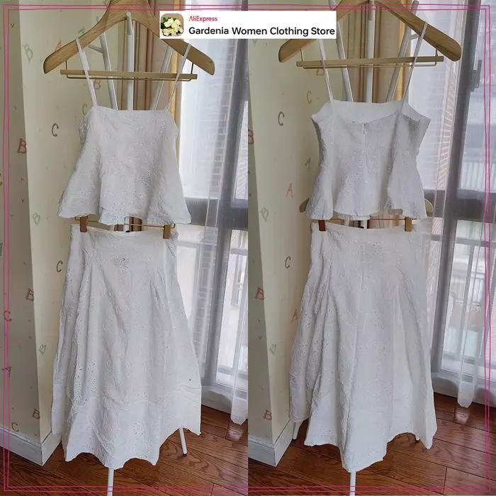 Femmes vacances d'été Co Ord tenues élégant blanc brodé 2 pièces ensemble haut court avec fines bretelles correspondant Cape jupe Midi