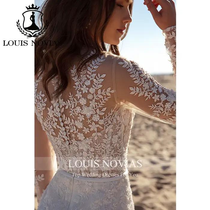 LOUIS NOVIAS robe De mariée sirène à manches longues licou Semi-Transparent paillettes broderie
