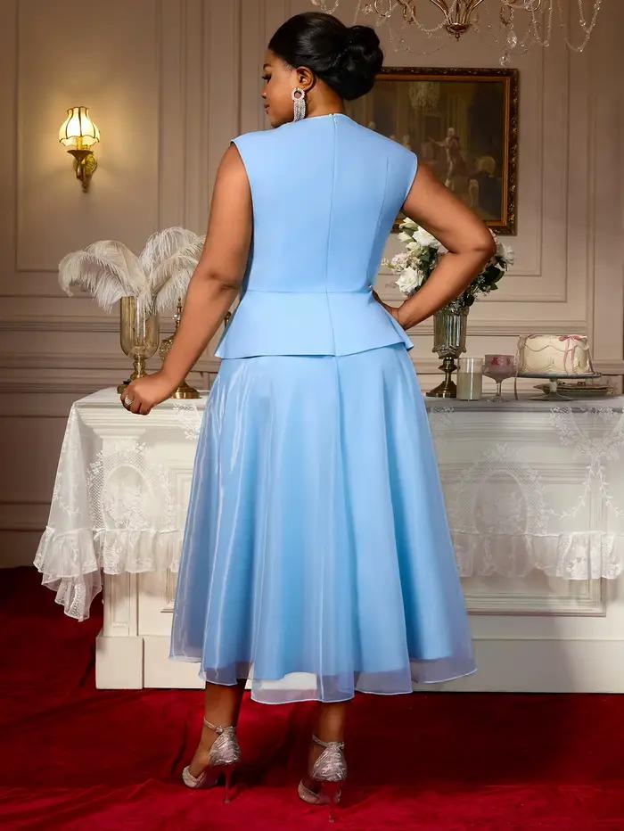 Femmes robes bleues élégant une ligne Tulle 3D fleur col en V Peplum ventre couverture fête grande taille courbe femme mode invité de mariage