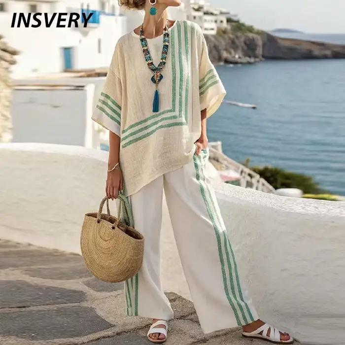 Vintage vacances rayé imprimé décontracté deux pièces ensemble femmes demi manches chemise taille haute pantalon ample costume 2025