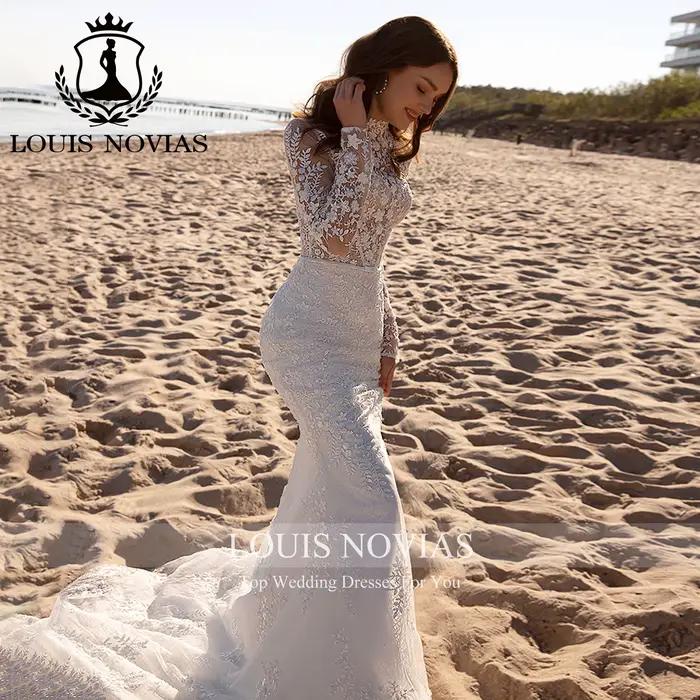 LOUIS NOVIAS robe De mariée sirène à manches longues licou Semi-Transparent paillettes broderie