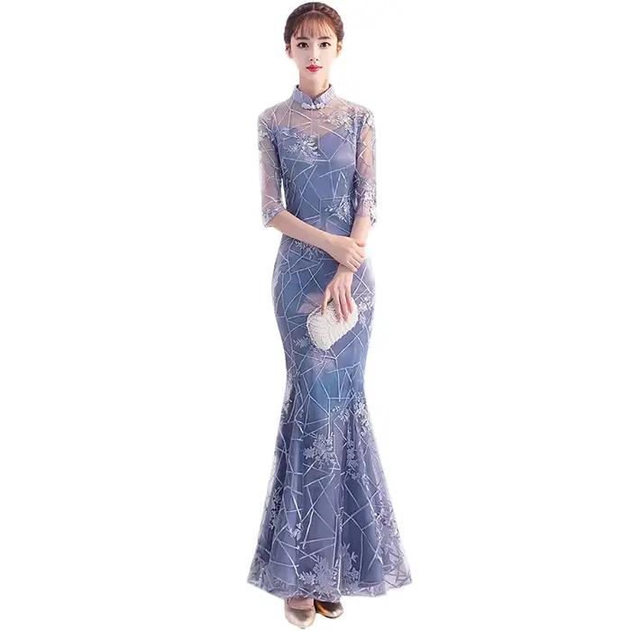 Robe sirène grise à col Mandarin pour femmes