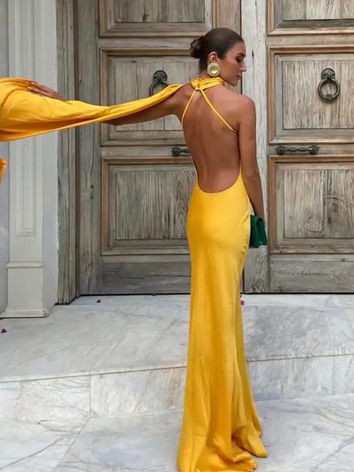 Robe longue dos nu avec ruban de satin pour femme