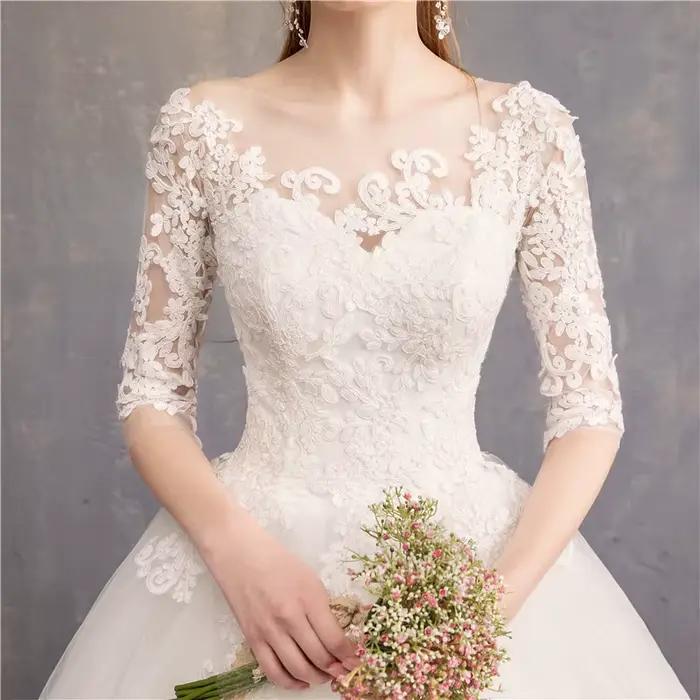 Robe de Mariée de Luxe en Dentelle Brodée à Demi-Manches