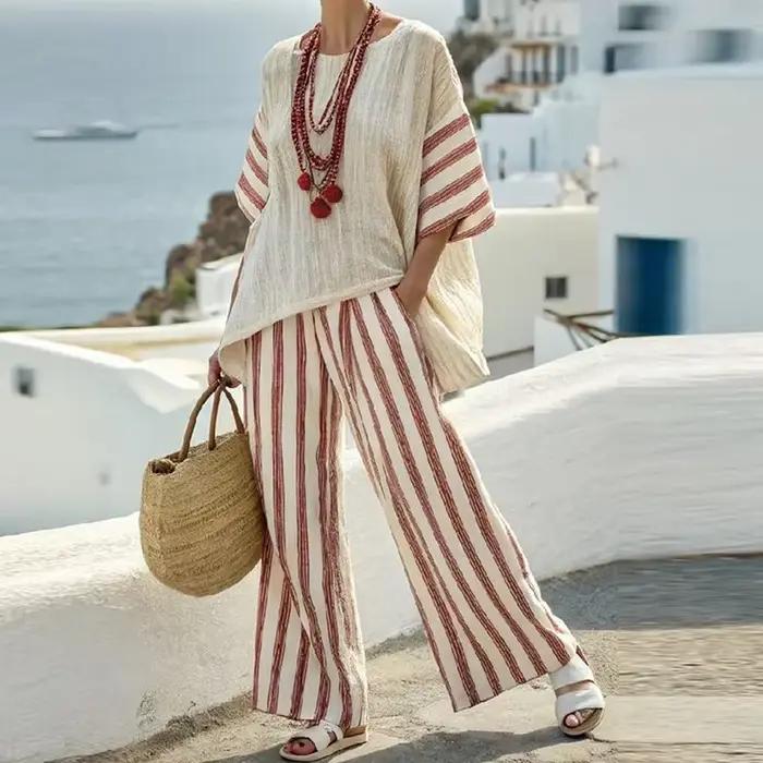 Vintage vacances rayé imprimé décontracté deux pièces ensemble femmes demi manches chemise taille haute pantalon ample costume 2025