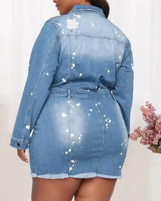 Robe en denim high street à manches longues et col rabattu avec ourlet déchiré et éclaboussures d'encre pour femmes, mini robe pour toutes les occasions spéciales