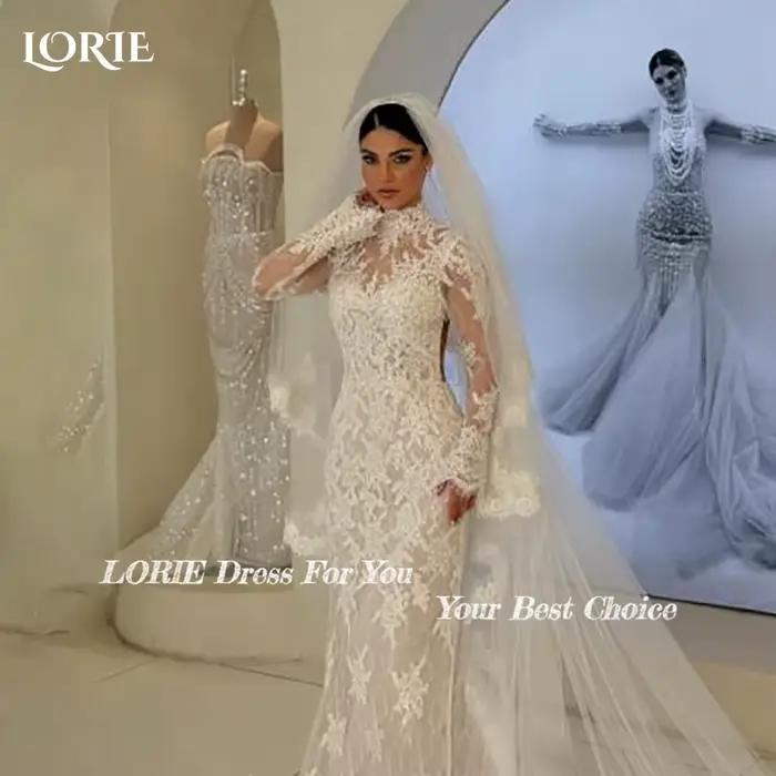 LORIE dentelle plage robes de mariée 3D Floral Applique col haut détachable Train sirène robe