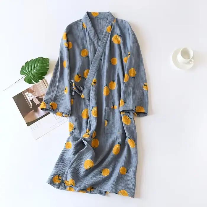 Kimono japonais robe de chambre printemps et automne dames coton crêpe tissu mince été peignoir service à domicile