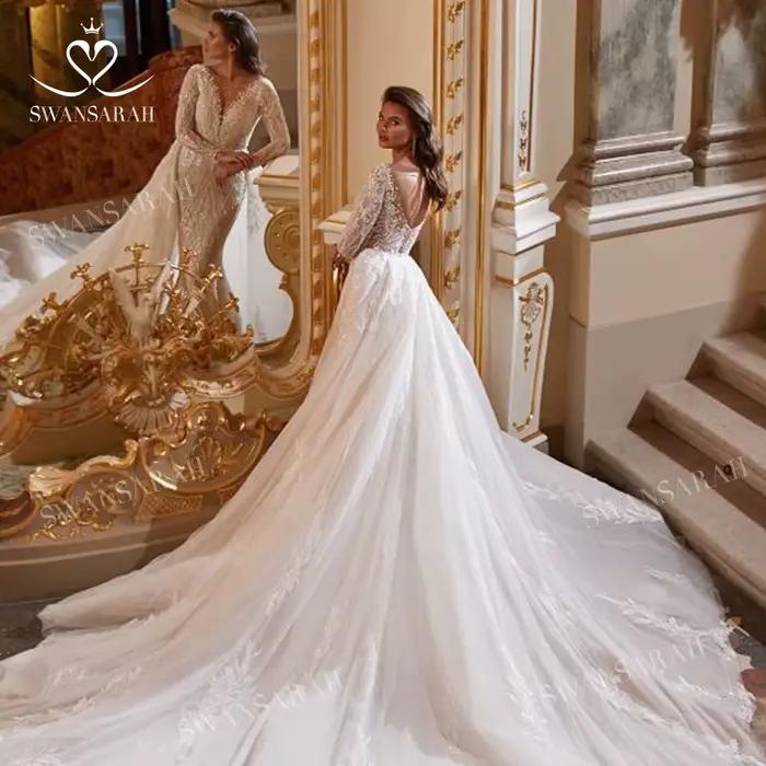 Robe de mariée sirène brillante à manches longues avec poignées amovibles
