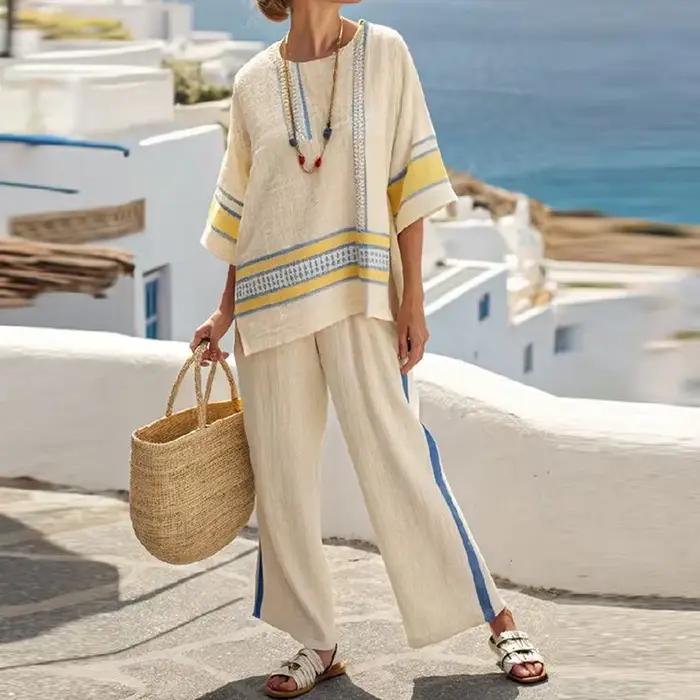 Vintage vacances rayé imprimé décontracté deux pièces ensemble femmes demi manches chemise taille haute pantalon ample costume 2025