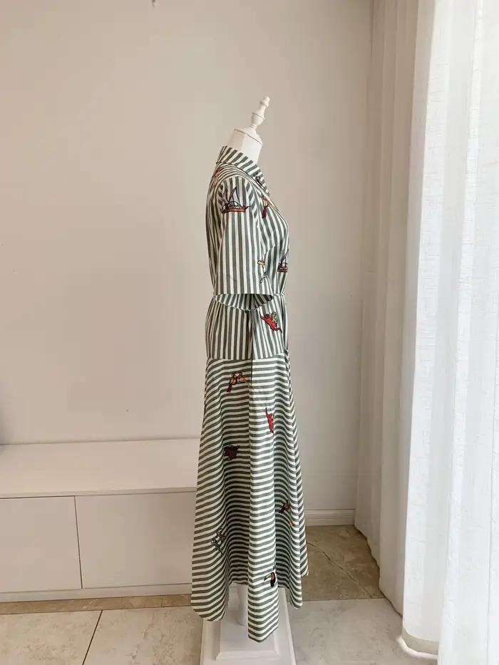 Robe longue pour femmes, 100% coton, imprimé rayé, motif brodé, col rabattu