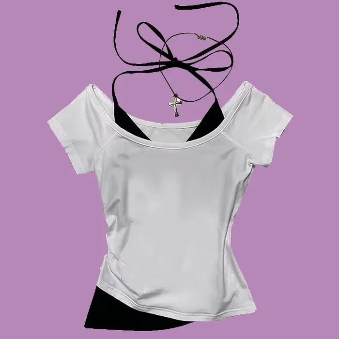 Été streetwear Nozioni de base gothique coupe ajustée faux deux pièces haut court années 90 Vêtements rétro T-shirt