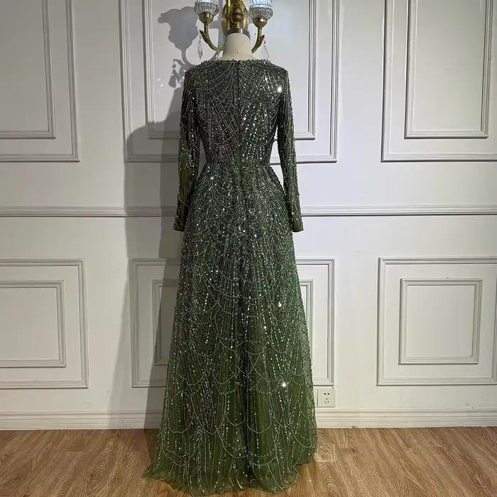 Luxe vert Olive à manches longues perlée une ligne robe de soirée pour la fête de mariage bal Serene Hill 2025 personnalisé LA72738B grande taille