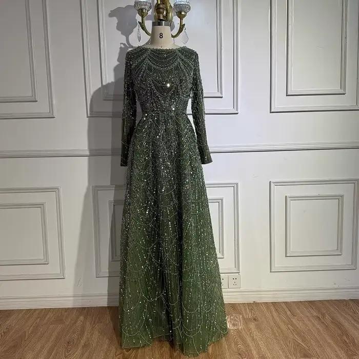 Luxe vert Olive à manches longues perlée une ligne robe de soirée pour la fête de mariage bal Serene Hill 2025 personnalisé LA72738B grande taille