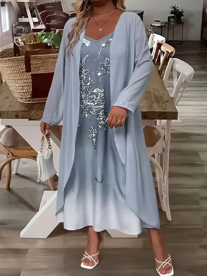 Mode féminine grande taille : Ensemble robe deux pièces élégante et stylée en dentelle et mousseline pour le