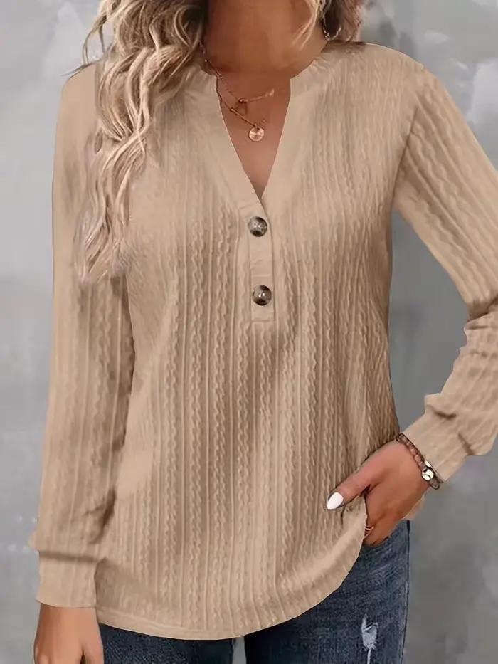 Chemise à manches longues en polyester brossé et froissé avec col en V pour femmes, confortable et élégante, pour printemps et été