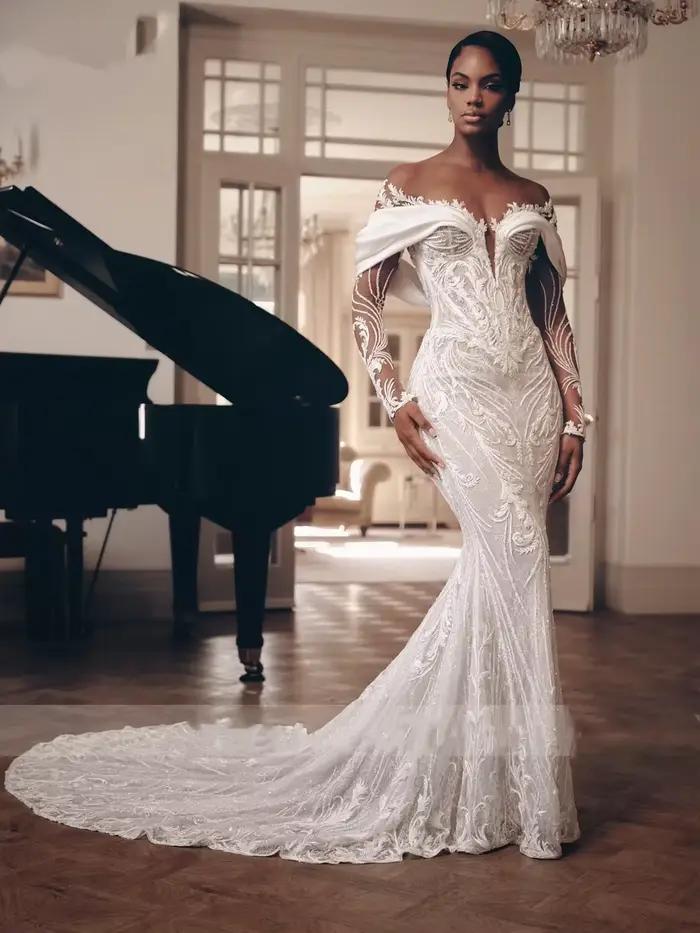 Luxe dentelle 2 en 1 robe de mariée sirène perles broderie Illusion cou trompette robes