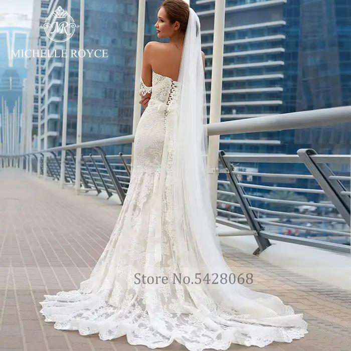 Michelle Royce robes De mariée sirène chérie hors De l'épaule à lacets nœud chapelle Train