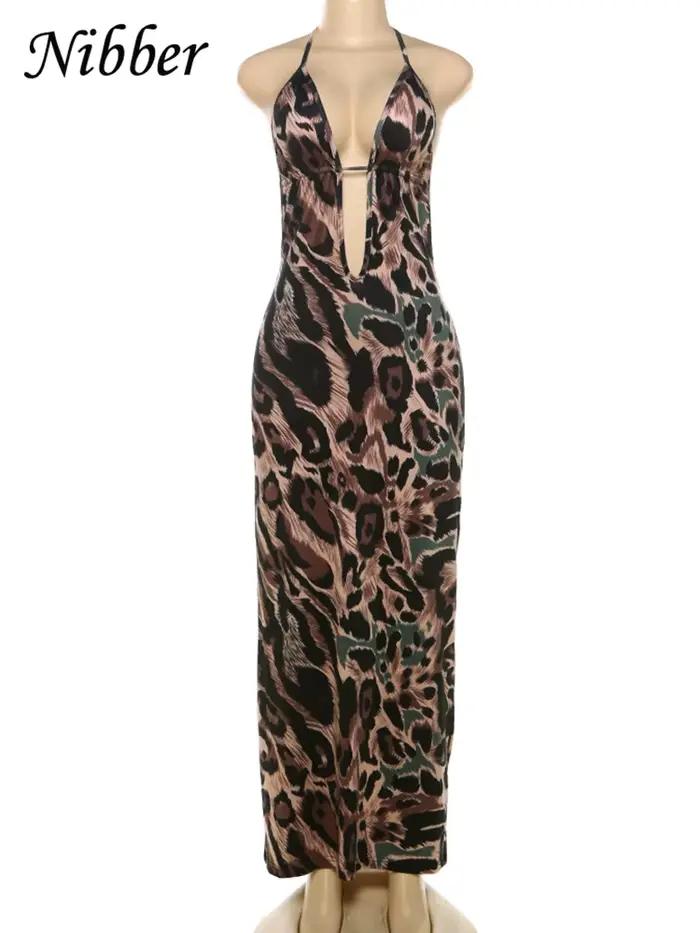 Nibber Léopard Imprimer Robe Femmes D'été Dos Nu Skinny Élastique Halter Coquette Minuit