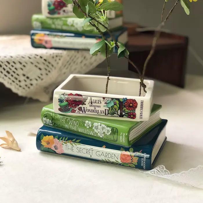 Pot de fleurs vintage en céramique, mignon, en forme de livre, pour plantes succulentes, grand pot pratique, décoration de bureau, bac de rangement