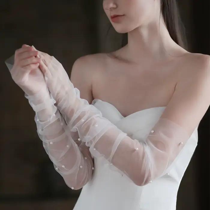 WG052 mariage sans doigts blanc/noir gants longs Tulle perles mariées demoiselle d'honneur manches femmes concours bal Handschuh
