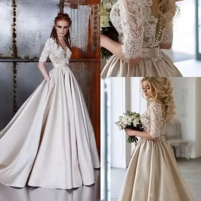 Boho a-ligne robes De mariée pour les femmes demi manches Appliques longueur De plancher robe