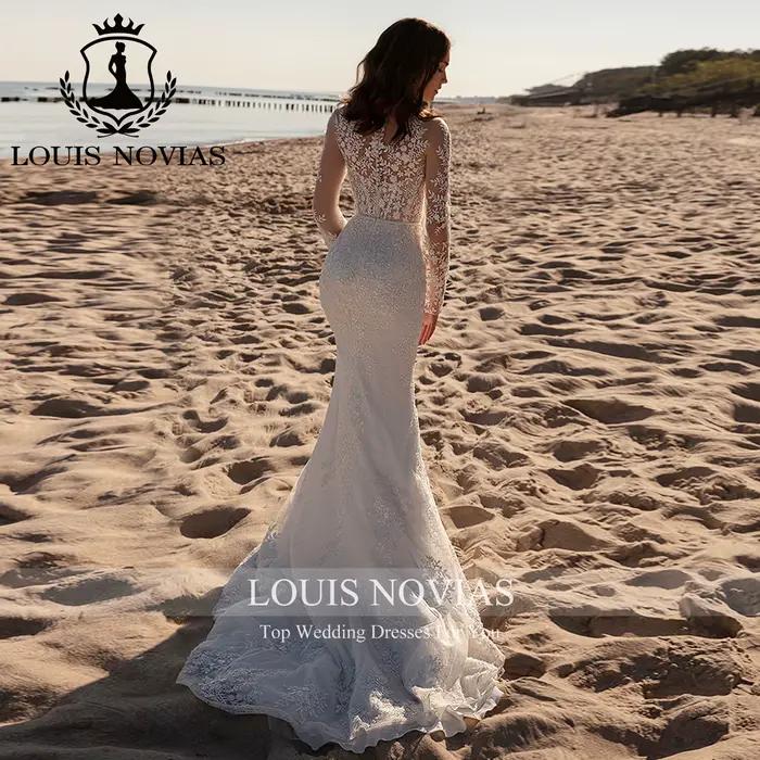 LOUIS NOVIAS robe De mariée sirène à manches longues licou Semi-Transparent paillettes broderie