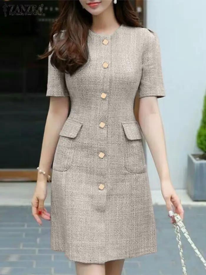 Robe Vintage Décontractée à Manches Courtes et Col Rond pour Femme