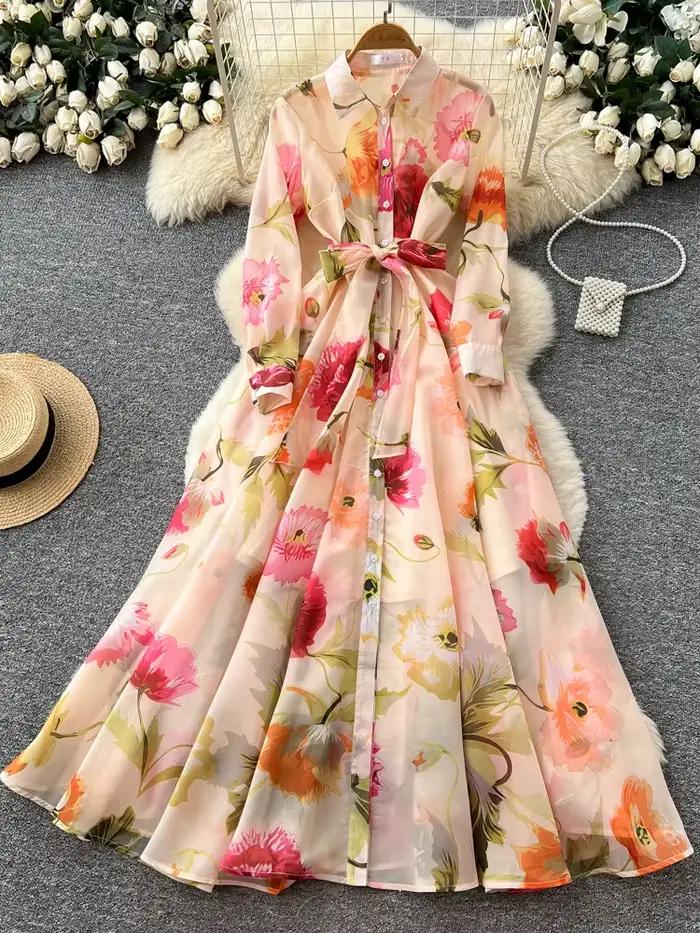 Robe longue élégante à imprimé vacances à la française pour femme