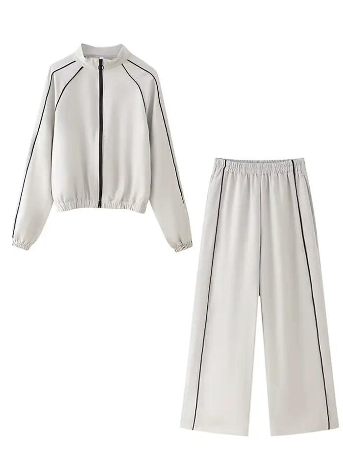 HH femmes pantalons décontractés costume fermeture éclair rayure décorer manteau ample haut + mode taille élastique