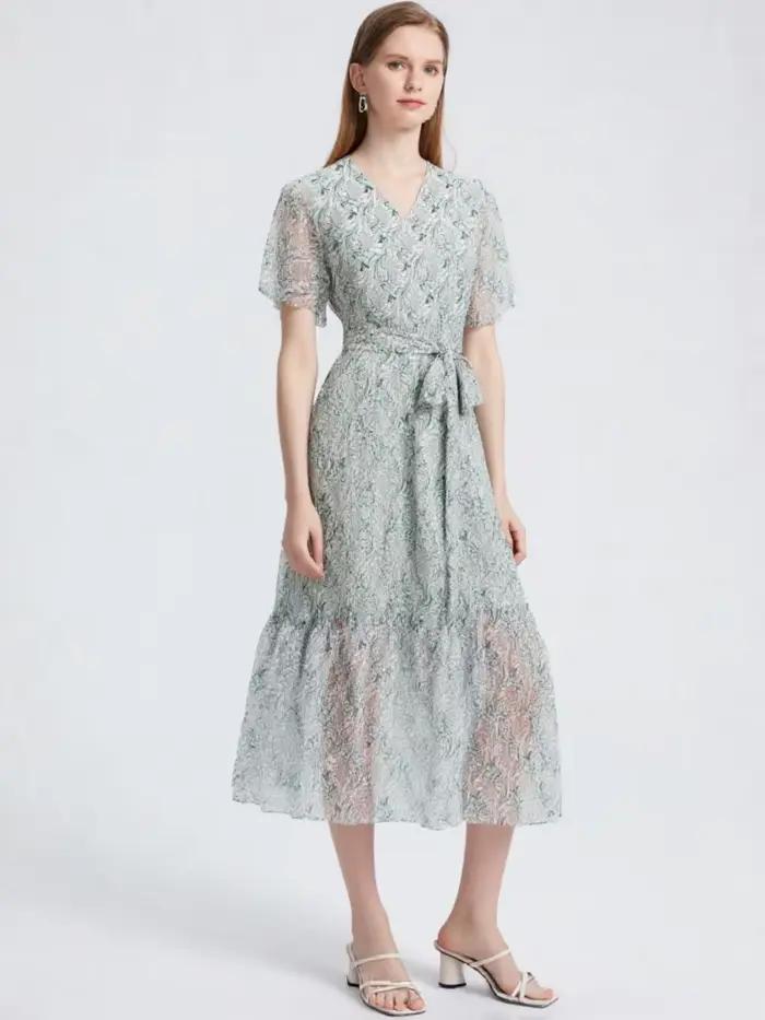 Robe en mousseline de soie verte imprimée de haute qualité pour femme