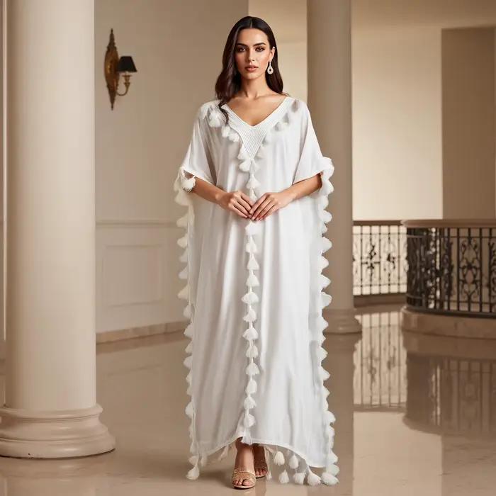 Boho été gland plage Robe longue femmes manches chauve-souris col en v coupe ample