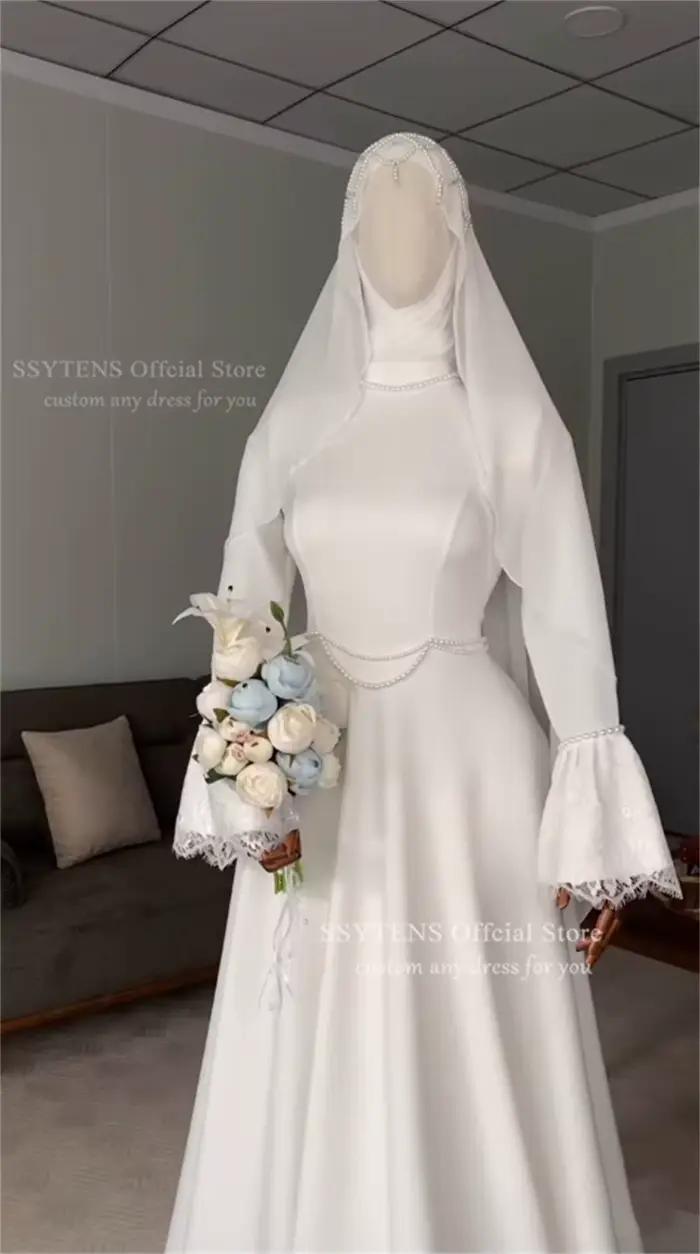 SSYTENS Robes de mariée musulmanes modestes pour les mariées, personnalisées, en dentelle ivoire, coupe trapèze, avec perles, pour Nikkah, longues, Vestidos De Noiva