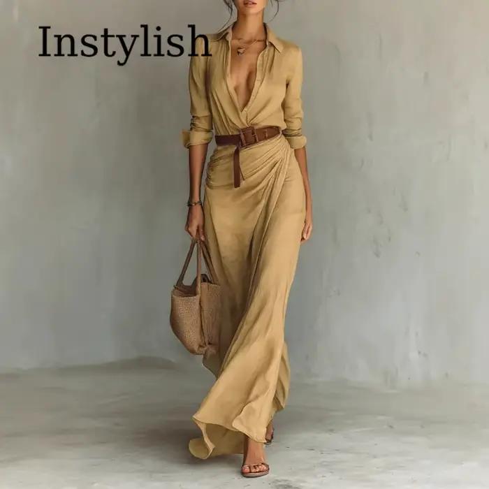 Robe longue kaki pour femme à col revers et manches longues