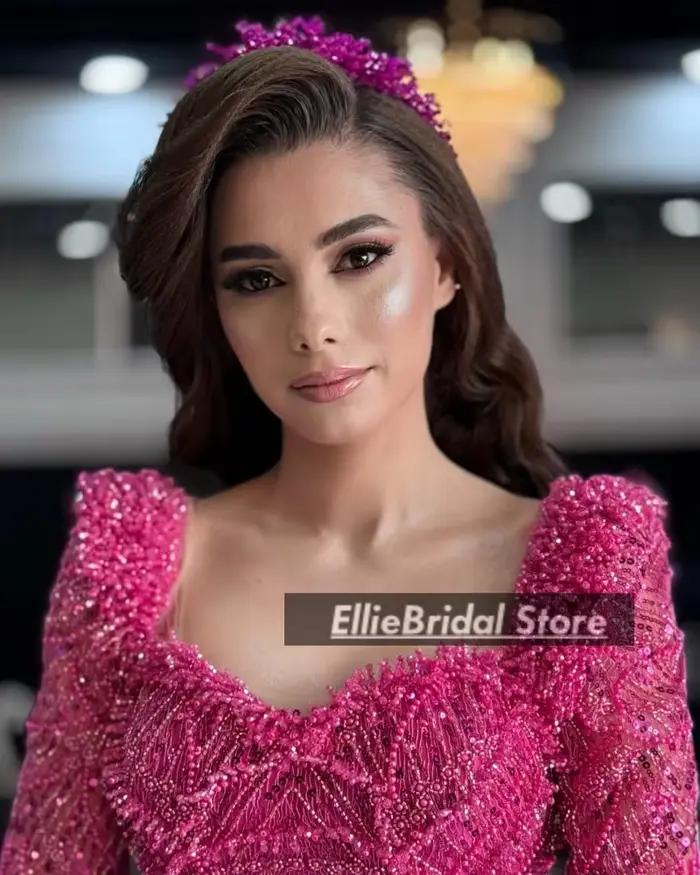 Arabie saoudite robes de soirée surjupe personnalisé perlé Fuchsia Robe de fiançailles manches longues