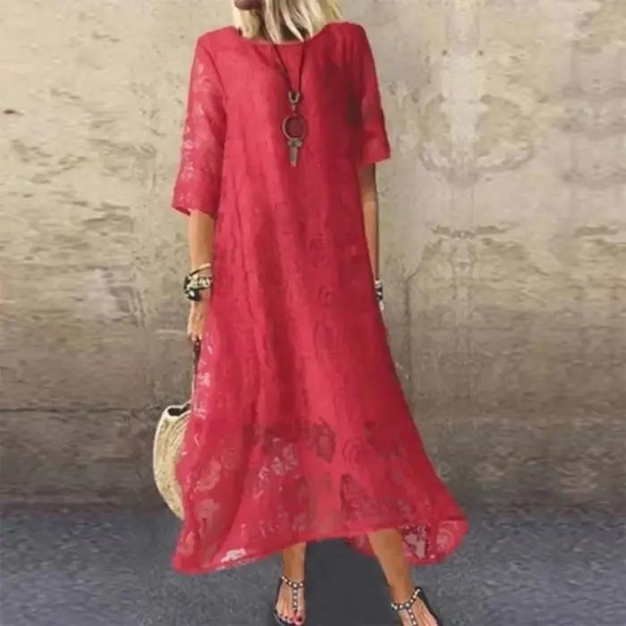 Femmes L-5XL grande taille été col rond manches courtes dentelle longue robe Vintage fait à la main creux fleur