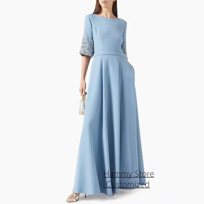 Offre spéciale robe de soirée personnalisée demi manches col rond paillettes pierres une ligne saoudienne arabe