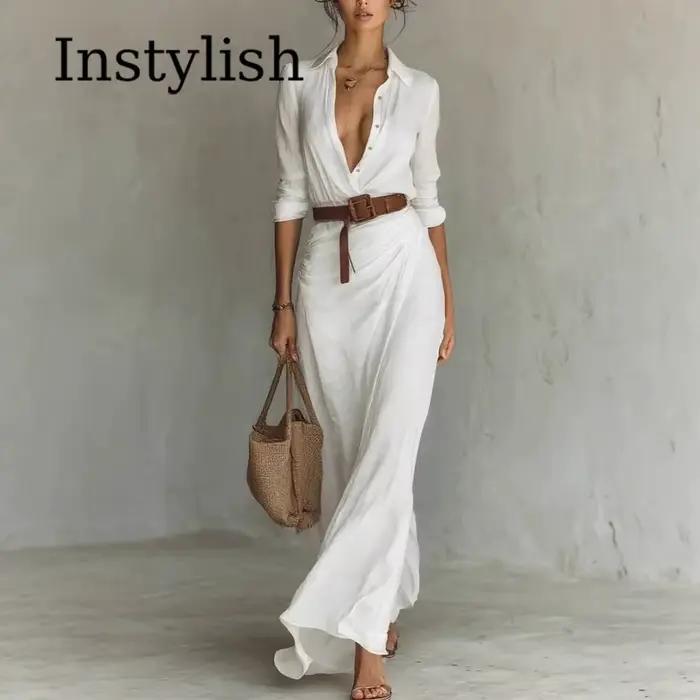 Robe longue kaki pour femme à col revers et manches longues