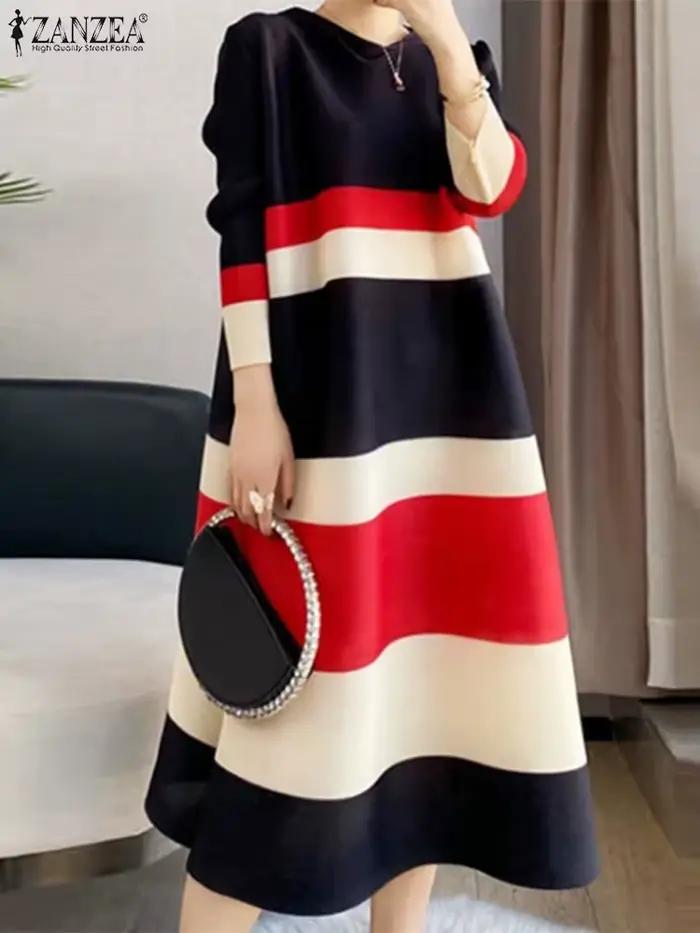 Robe mi-longue rayée à col rond pour femmes